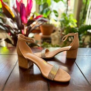 Elegant Madden NYC Block Heel Sandals with Gemstone Strap in the Color Blush